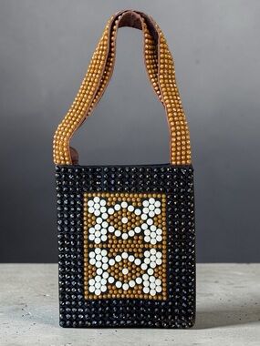 Vintage 60s Roger Van S BOHO Black, Brown & Cream Beaded Tote Shoulder Bag